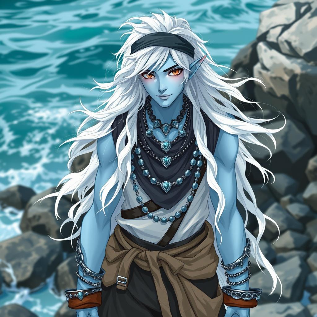 A charming male sea elf with long, wavy white hair and light blue skin, donning baggy swashbuckler clothes and a bandana