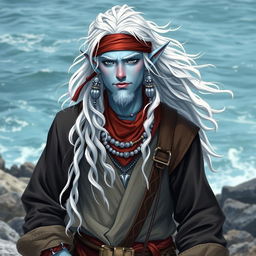 A charming male sea elf with long, wavy white hair and light blue skin, donning baggy swashbuckler clothes and a bandana