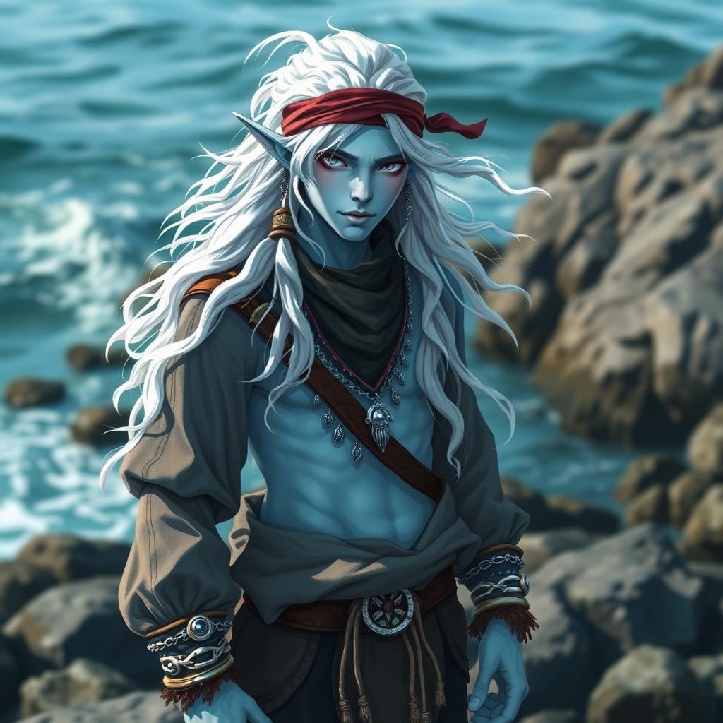 A charming male sea elf with long, wavy white hair and light blue skin, donning baggy swashbuckler clothes and a bandana