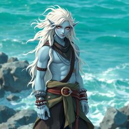 A charming male sea elf with long, wavy white hair and light blue skin, donning baggy swashbuckler clothes and a bandana