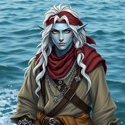 A male sea elf with long wavy white hair and light blue skin, dressed in baggy swashbuckler clothes and a bandana