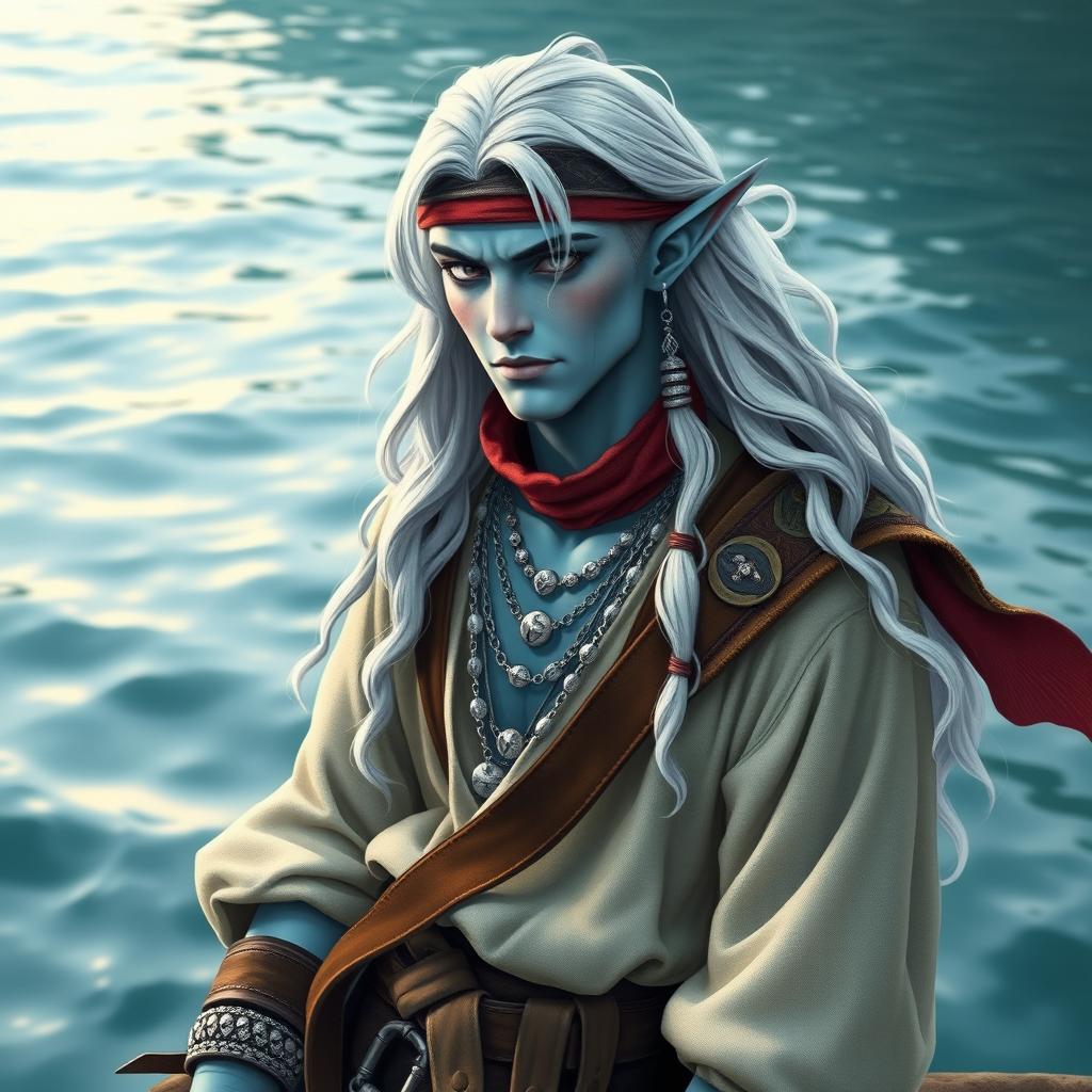 A male sea elf with long wavy white hair and light blue skin, dressed in baggy swashbuckler clothes and a bandana