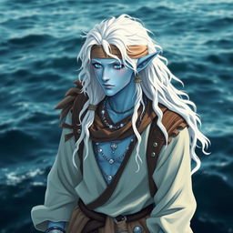 A male sea elf with long wavy white hair and light blue skin, dressed in baggy swashbuckler clothes and a bandana