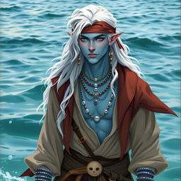 A male sea elf with long wavy white hair and light blue skin, dressed in baggy swashbuckler clothes and a bandana