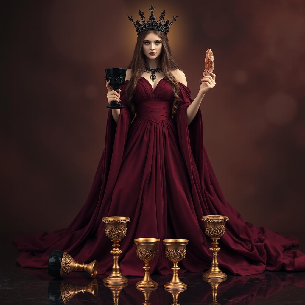 A mesmerizing goddess of apathy dressed in a flowing burgundy gown, exuding elegance and detachment