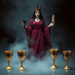 A mesmerizing goddess of apathy dressed in a flowing burgundy gown, exuding elegance and detachment