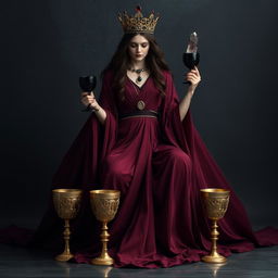 A mesmerizing goddess of apathy dressed in a flowing burgundy gown, exuding elegance and detachment