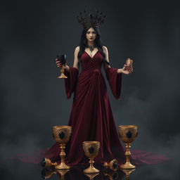 A mesmerizing goddess of apathy dressed in a flowing burgundy gown, exuding elegance and detachment