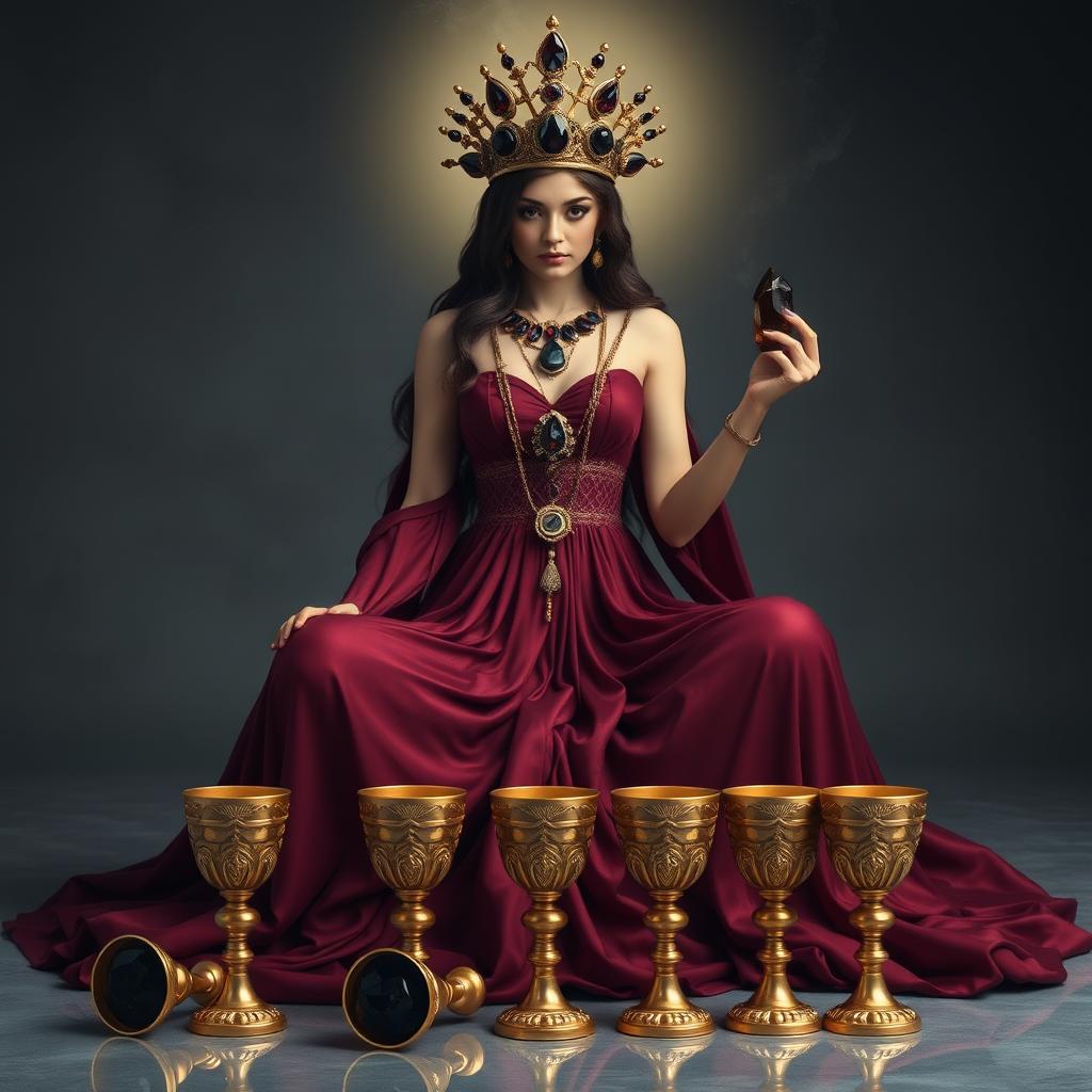 A captivating goddess of apathy in a mesmerizing burgundy flowing dress, signifying a sense of calm detachment