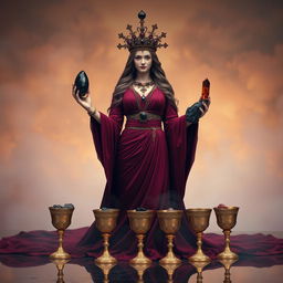 A captivating goddess of apathy in a mesmerizing burgundy flowing dress, signifying a sense of calm detachment