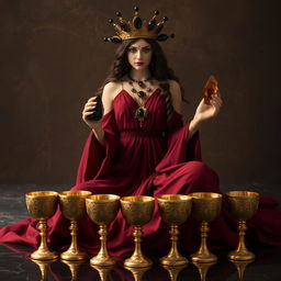 A captivating goddess of apathy in a mesmerizing burgundy flowing dress, signifying a sense of calm detachment