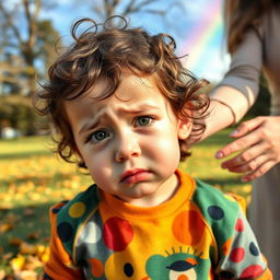 A young child around 7 years old with tears streaming down their cheeks, wearing a colorful shirt and standing in a sunny park