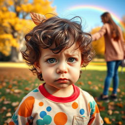 A young child around 7 years old with tears streaming down their cheeks, wearing a colorful shirt and standing in a sunny park