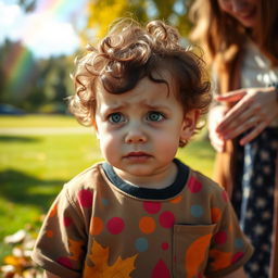 A young child around 7 years old with tears streaming down their cheeks, wearing a colorful shirt and standing in a sunny park