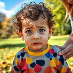 A young child around 7 years old with tears streaming down their cheeks, wearing a colorful shirt and standing in a sunny park