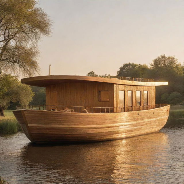 A contemporary interpretation of Noah's Ark, featuring modern design elements and materials, bathed in the warm golden light of the setting sun.