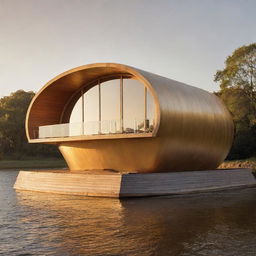 A contemporary interpretation of Noah's Ark, featuring modern design elements and materials, bathed in the warm golden light of the setting sun.