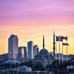 A cityscape showcasing a grand mosque juxtaposed against a modern skyline, blending traditional and contemporary architecture