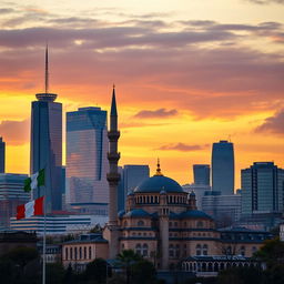 A cityscape showcasing a grand mosque juxtaposed against a modern skyline, blending traditional and contemporary architecture