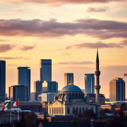 A cityscape showcasing a grand mosque juxtaposed against a modern skyline, blending traditional and contemporary architecture