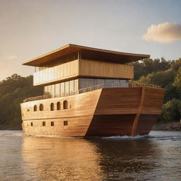 A contemporary interpretation of Noah's Ark, featuring modern design elements and materials, bathed in the warm golden light of the setting sun.