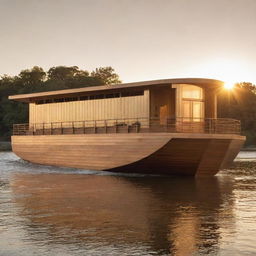 A contemporary interpretation of Noah's Ark, featuring modern design elements and materials, bathed in the warm golden light of the setting sun.