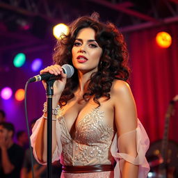 a brunette singer with curly hair performing on stage, wearing a stunning outfit that glimmers under the stage lights