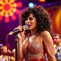 a brunette singer with curly hair performing on stage, wearing a stunning outfit that glimmers under the stage lights