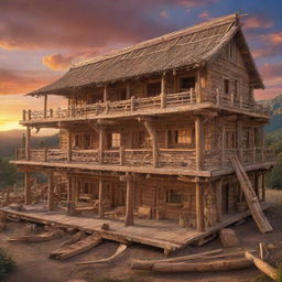 A grand scene of Noah's Ark under construction, filled with intricate details of ancient carpentry tools and large timber beams. The background showcases a mesmerizing sunset over an untouched wilderness.