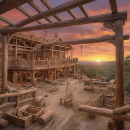 A grand scene of Noah's Ark under construction, filled with intricate details of ancient carpentry tools and large timber beams. The background showcases a mesmerizing sunset over an untouched wilderness.