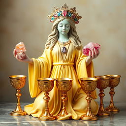 A serene goddess of innocence adorned in a soft yellow flowing dress, symbolizing purity and gentle charm