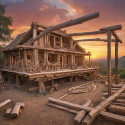 A grand scene of Noah's Ark under construction, filled with intricate details of ancient carpentry tools and large timber beams. The background showcases a mesmerizing sunset over an untouched wilderness.