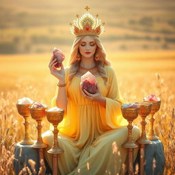 A serene goddess of love adorned in a soft yellow flowing dress, symbolizing warmth and affection