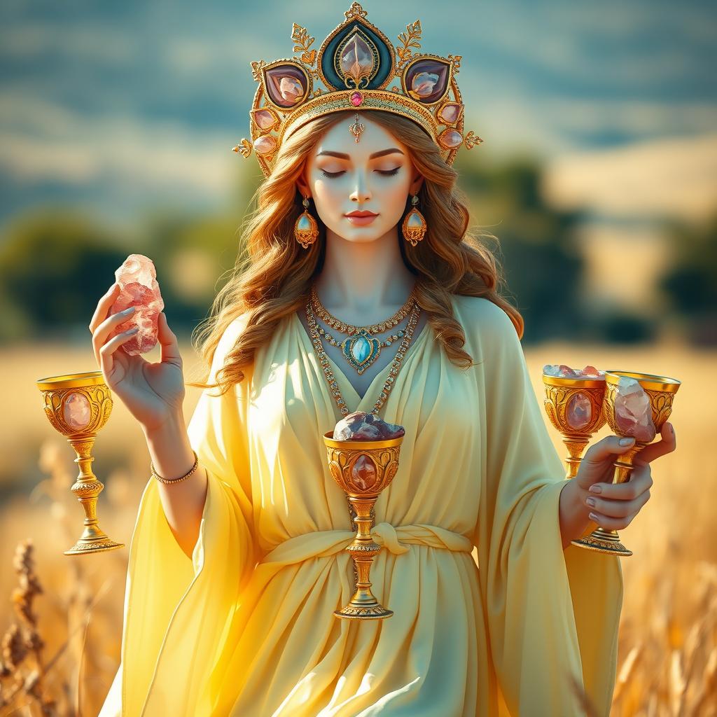 A serene goddess of love adorned in a soft yellow flowing dress, symbolizing warmth and affection