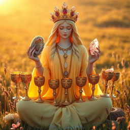 A serene goddess of love adorned in a soft yellow flowing dress, symbolizing warmth and affection