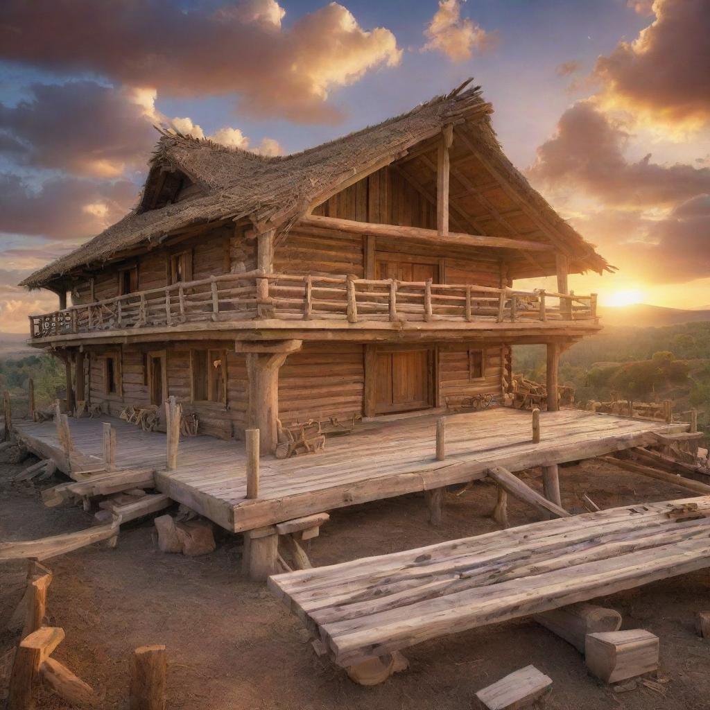 A grand scene of Noah's Ark under construction, filled with intricate details of ancient carpentry tools and large timber beams. The background showcases a mesmerizing sunset over an untouched wilderness.