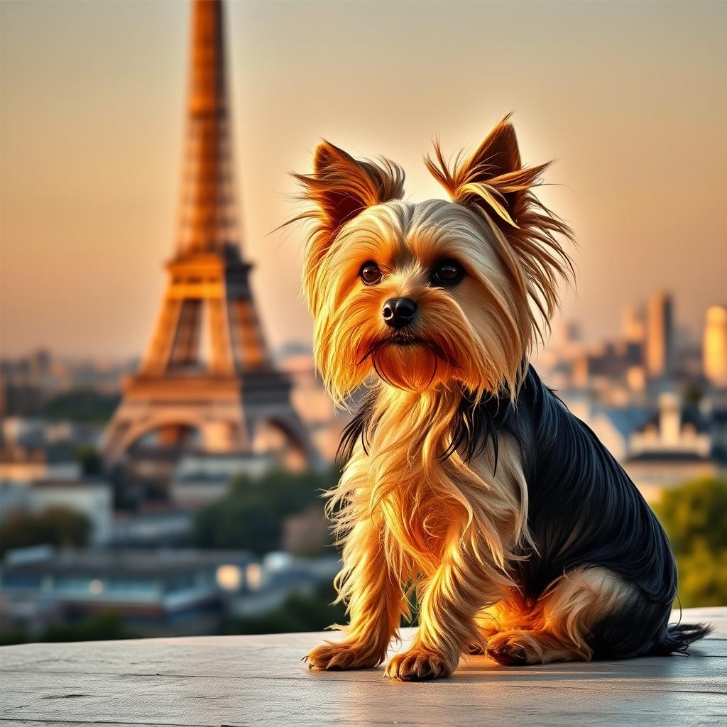 A Yorkshire Terrier sitting gracefully with the picturesque Eiffel Tower in the background