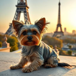 A Yorkshire Terrier sitting gracefully with the picturesque Eiffel Tower in the background