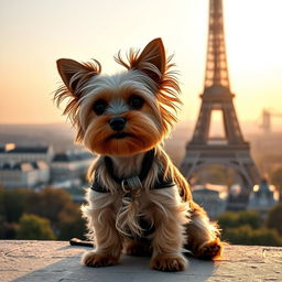 A Yorkshire Terrier sitting gracefully with the picturesque Eiffel Tower in the background