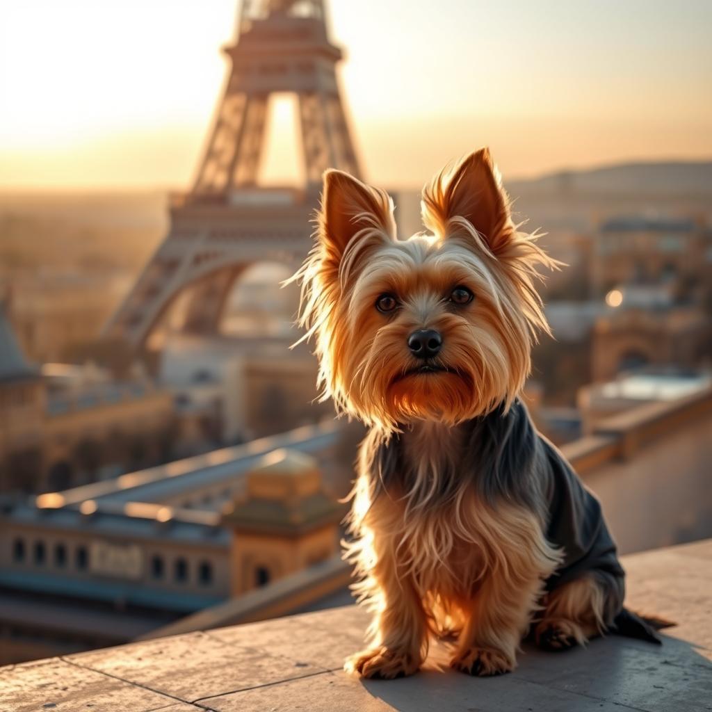 A Yorkshire Terrier sitting gracefully with the picturesque Eiffel Tower in the background