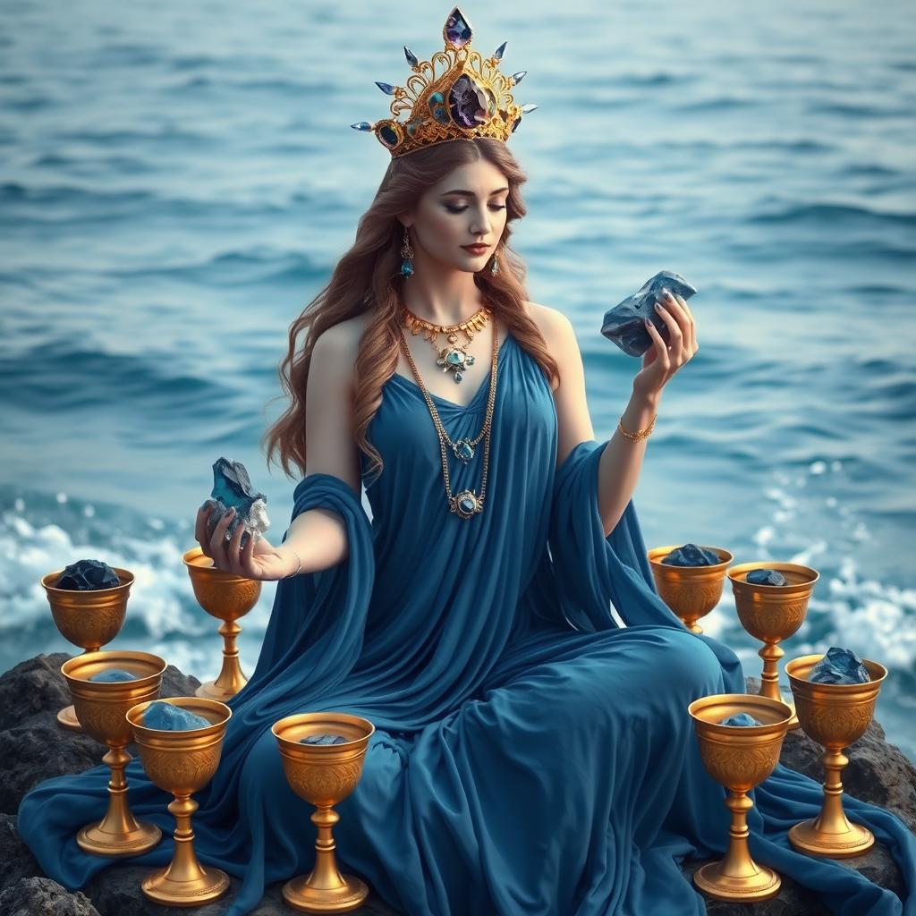 A serene goddess of love adorned in a blue flowing dress, symbolizing depth and tranquility