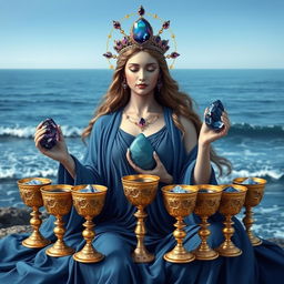 A serene goddess of love adorned in a blue flowing dress, symbolizing depth and tranquility