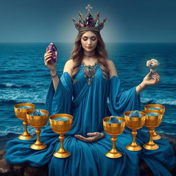 A serene goddess of love adorned in a blue flowing dress, symbolizing depth and tranquility