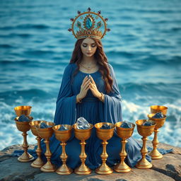 A serene goddess of love adorned in a blue flowing dress, symbolizing depth and tranquility