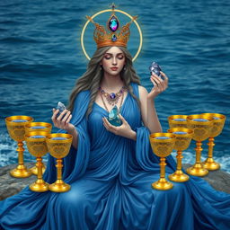 A serene goddess of love adorned in a blue flowing dress, symbolizing depth and tranquility