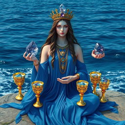 A serene goddess of love adorned in a blue flowing dress, symbolizing depth and tranquility