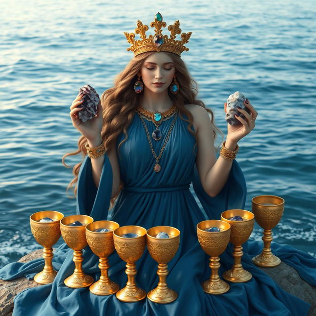 A serene goddess of love adorned in a blue flowing dress, symbolizing depth and tranquility