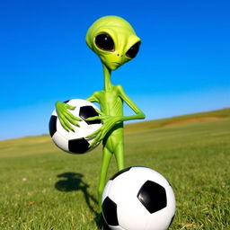 An alien holding a soccer ball, featuring a unique extraterrestrial design with green skin, large black eyes, and a slender body