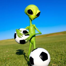 An alien holding a soccer ball, featuring a unique extraterrestrial design with green skin, large black eyes, and a slender body