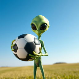 An alien holding a soccer ball, featuring a unique extraterrestrial design with green skin, large black eyes, and a slender body